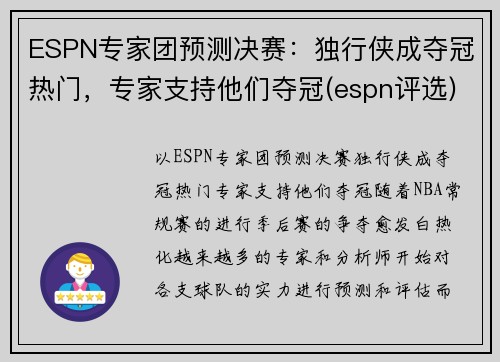 ESPN专家团预测决赛：独行侠成夺冠热门，专家支持他们夺冠(espn评选)